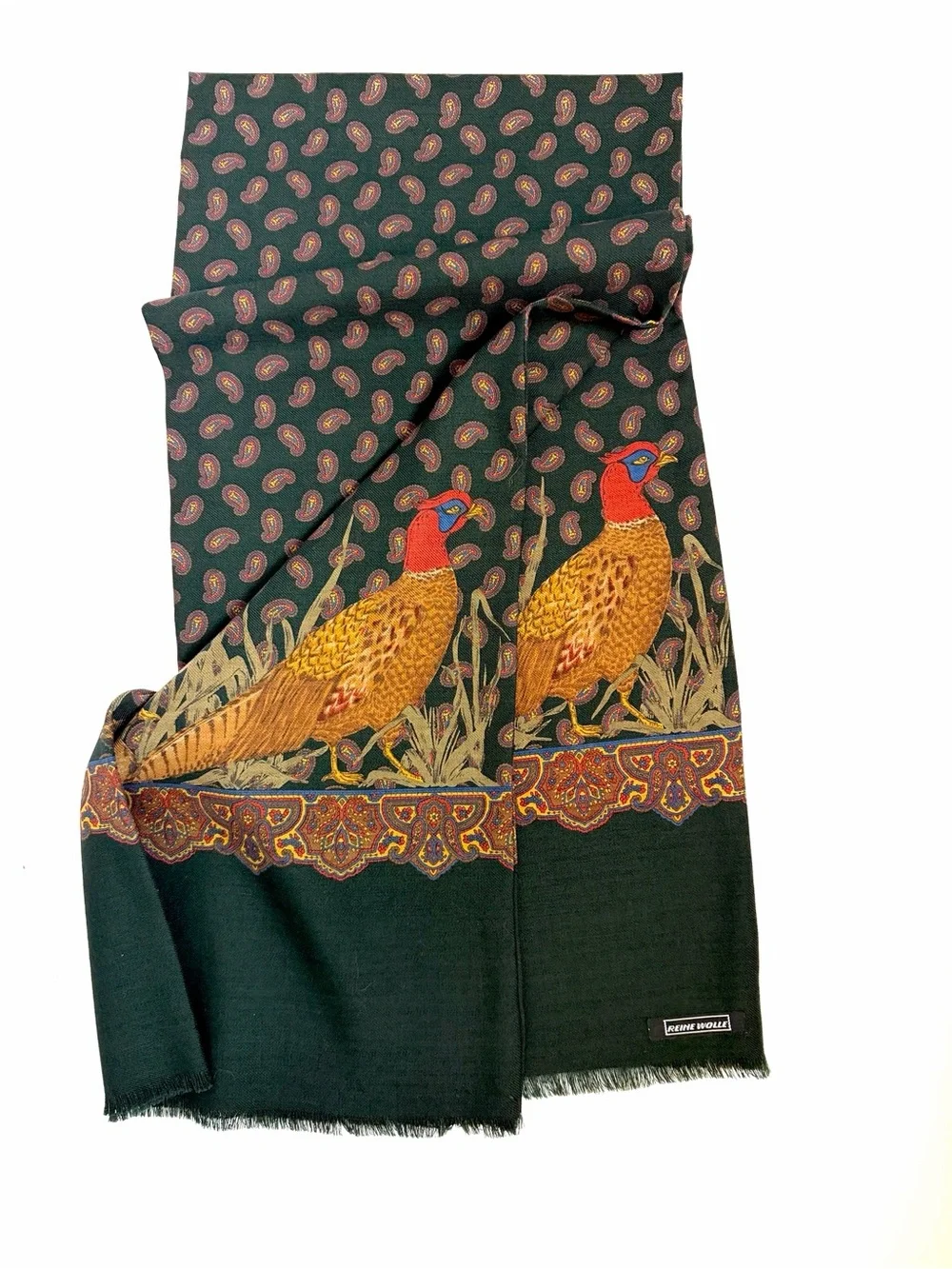 Men's Double Layer Scarf Green Pheasant Duck Paisley Wool  11x53
